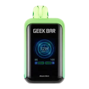 Flavor: A twist of tropical citrus enhances a cool and crisp mint flavor in the Miami Mint Geek Bar SkyView. E-liquid contents: 16ml Nicotine Level: 50mg Three Modes: Soft Mode (12W)/NORM Mode (18W)/Pulse Mode (25W) Puffs per Device: 25,000 (SOFT)/ 15,000 (NORM)/ 12,500 (Pulse) Battery: 800mAh (Rechargeable via USB-C) Made with Dual Mesh Coil Dual Core Heating Smart TFT Screen Adjustable Airflow Quick Charging Capability