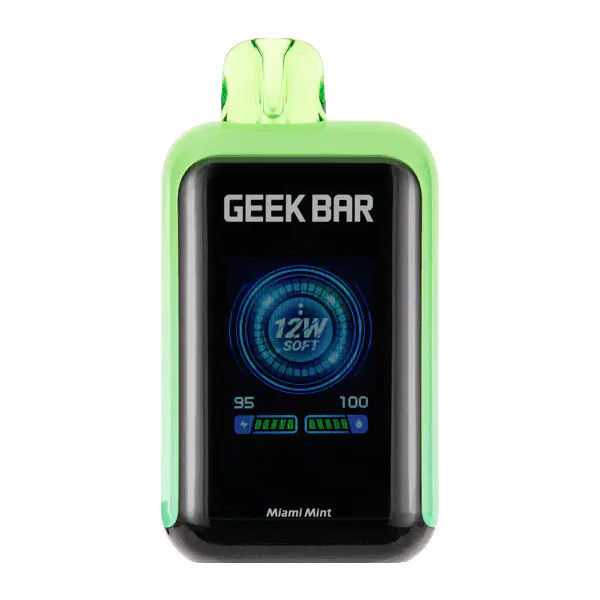 Flavor: A twist of tropical citrus enhances a cool and crisp mint flavor in the Miami Mint Geek Bar SkyView. E-liquid contents: 16ml Nicotine Level: 50mg Three Modes: Soft Mode (12W)/NORM Mode (18W)/Pulse Mode (25W) Puffs per Device: 25,000 (SOFT)/ 15,000 (NORM)/ 12,500 (Pulse) Battery: 800mAh (Rechargeable via USB-C) Made with Dual Mesh Coil Dual Core Heating Smart TFT Screen Adjustable Airflow Quick Charging Capability